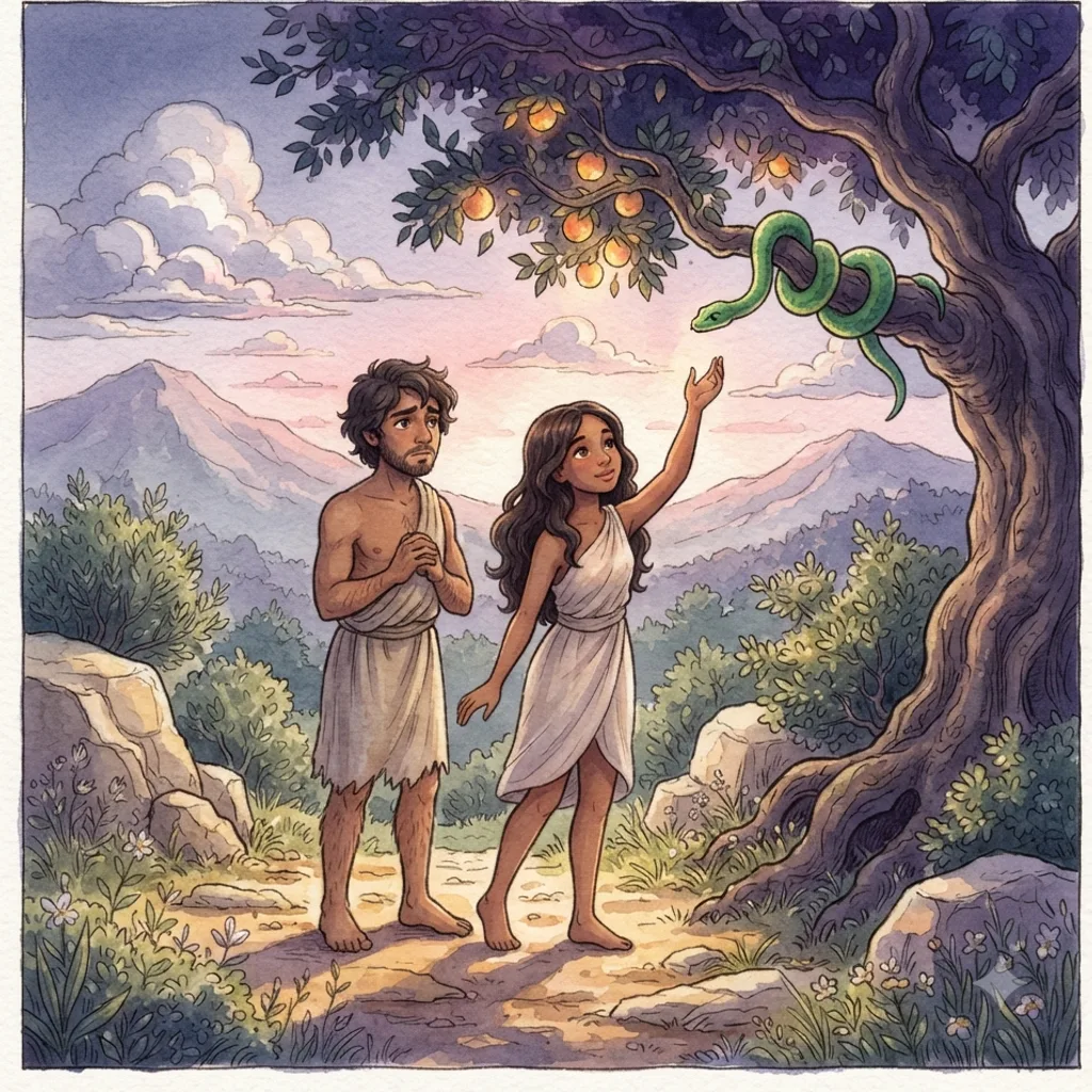 The Fall of Man: a painted scene illustrating Genesis 3.