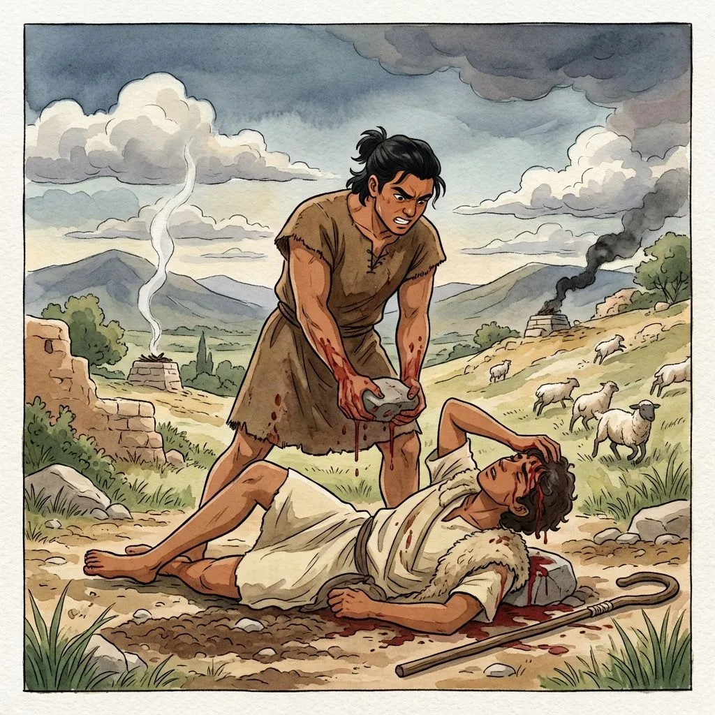 Cain and Abel: a painted scene illustrating Genesis 4.