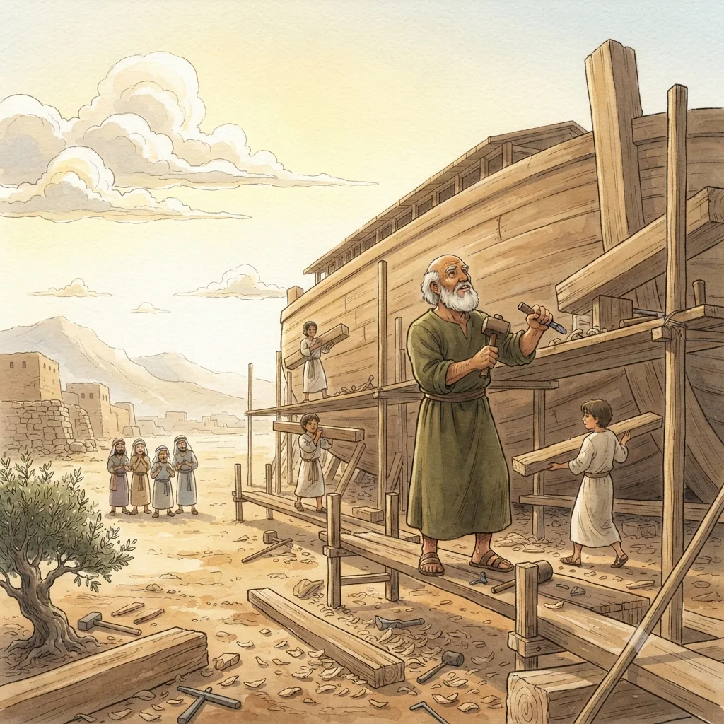 Noah and the Coming Flood: a painted scene illustrating Genesis 6.