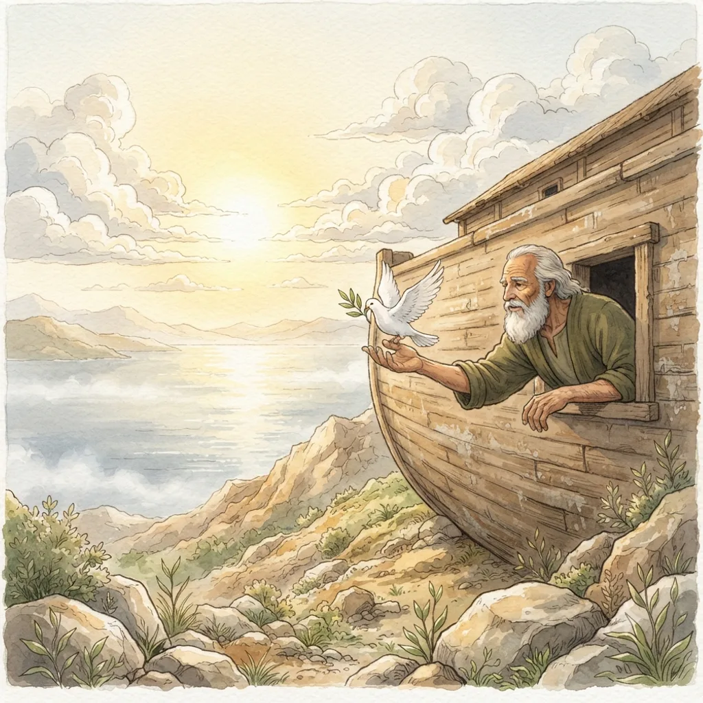 The Waters Recede: a painted scene illustrating Genesis 8.