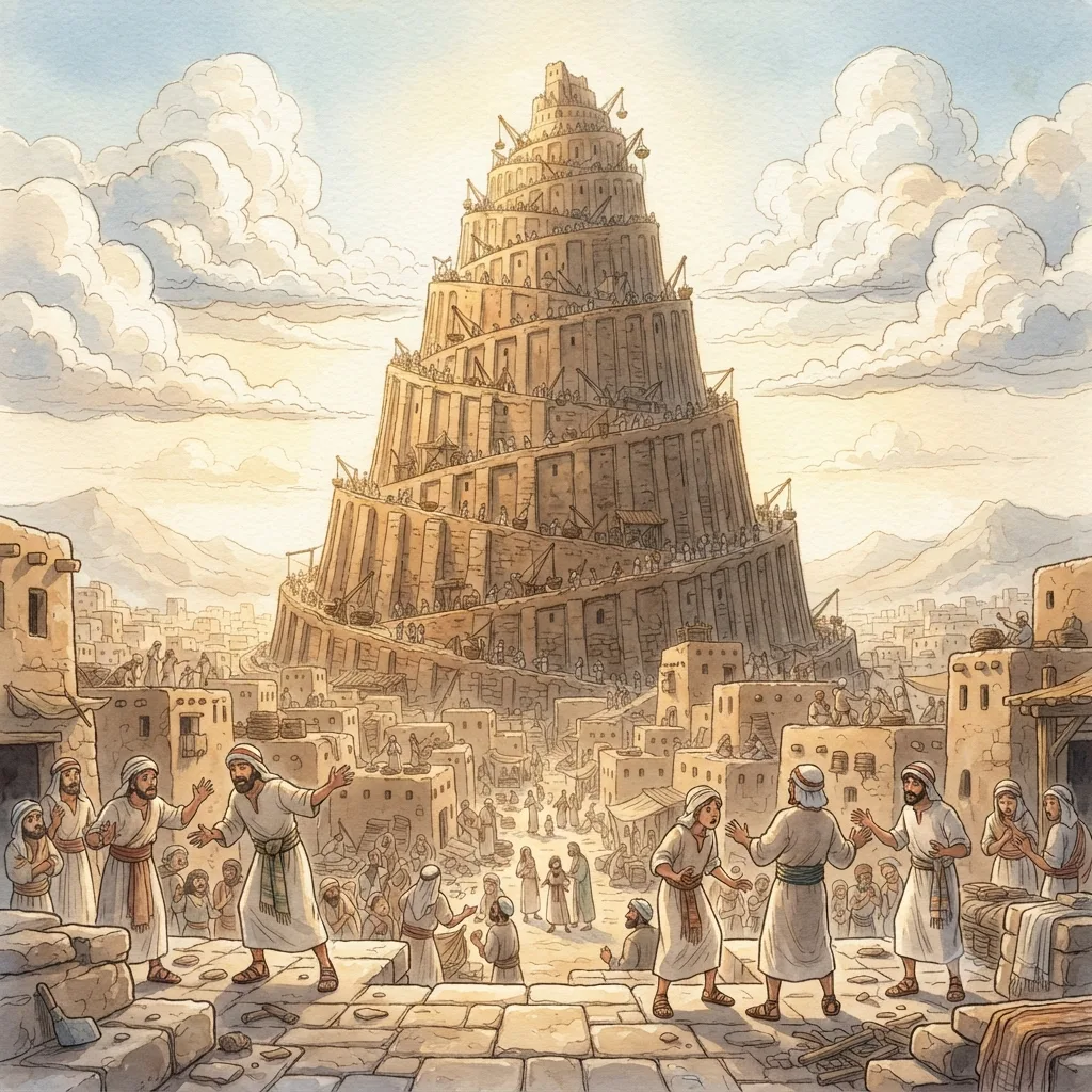The Tower of Babel: a painted scene illustrating Genesis 11.