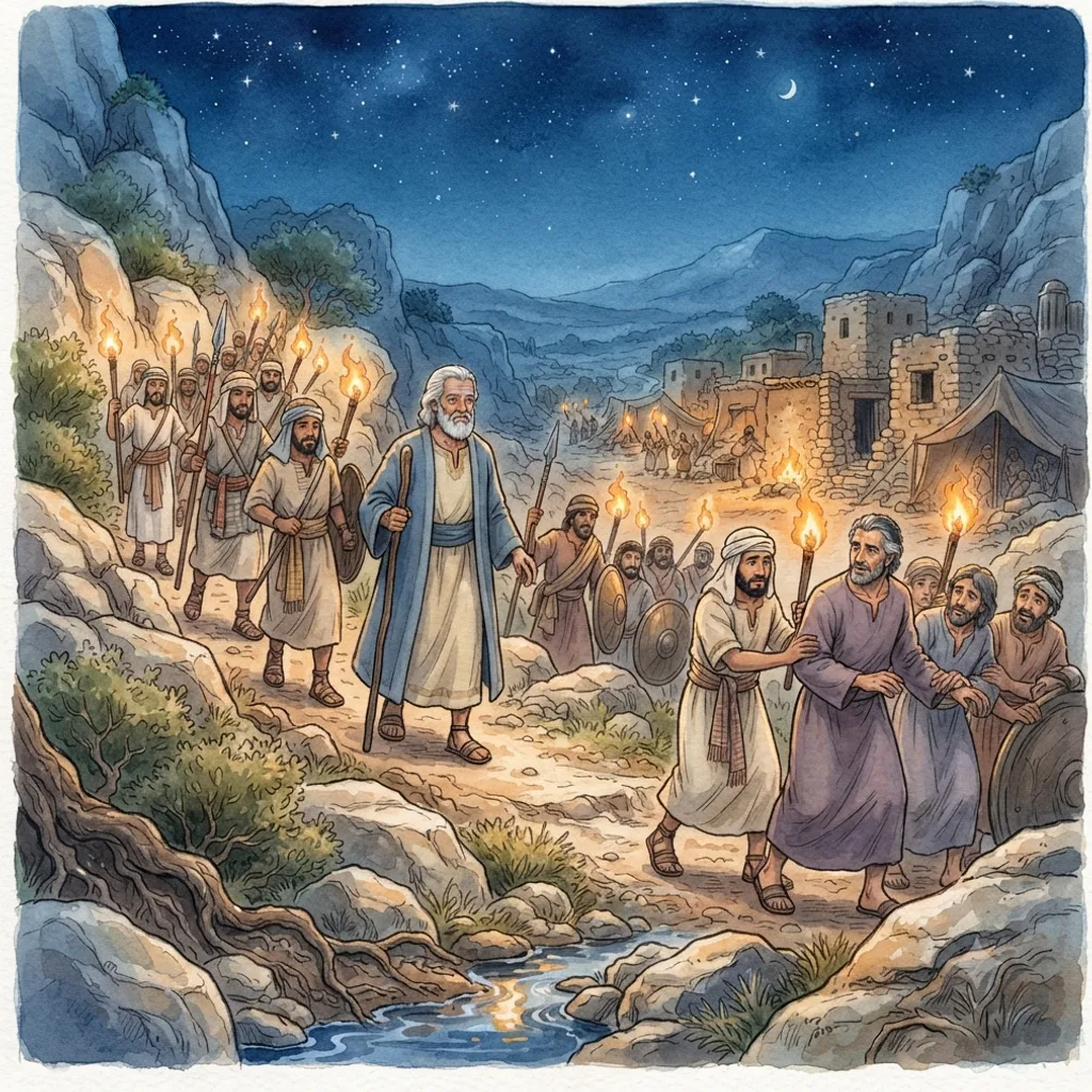 Abram Rescues Lot: a painted scene illustrating Genesis 14.