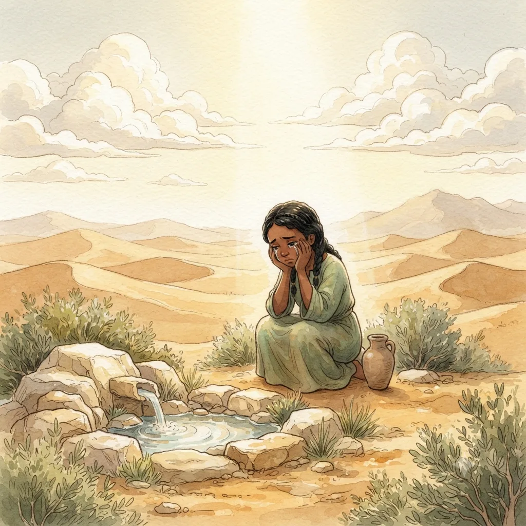 Hagar and Ishmael: a painted scene illustrating Genesis 16.