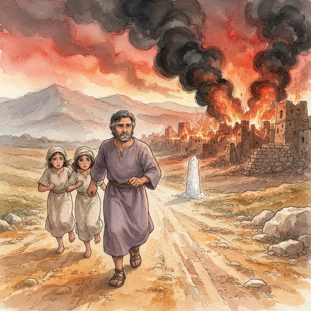 The Destruction of Sodom: a painted scene illustrating Genesis 19.