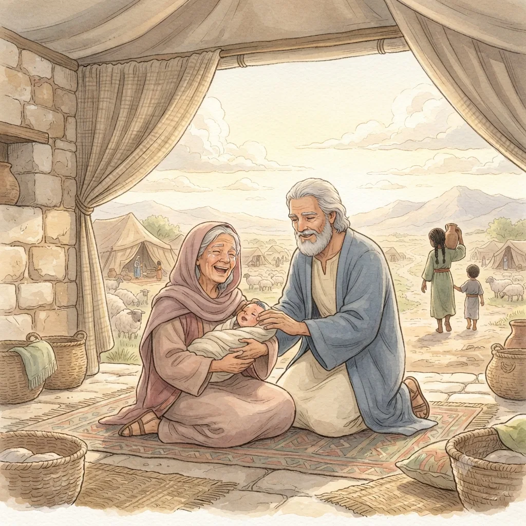 The Birth of Isaac: a painted scene illustrating Genesis 21.