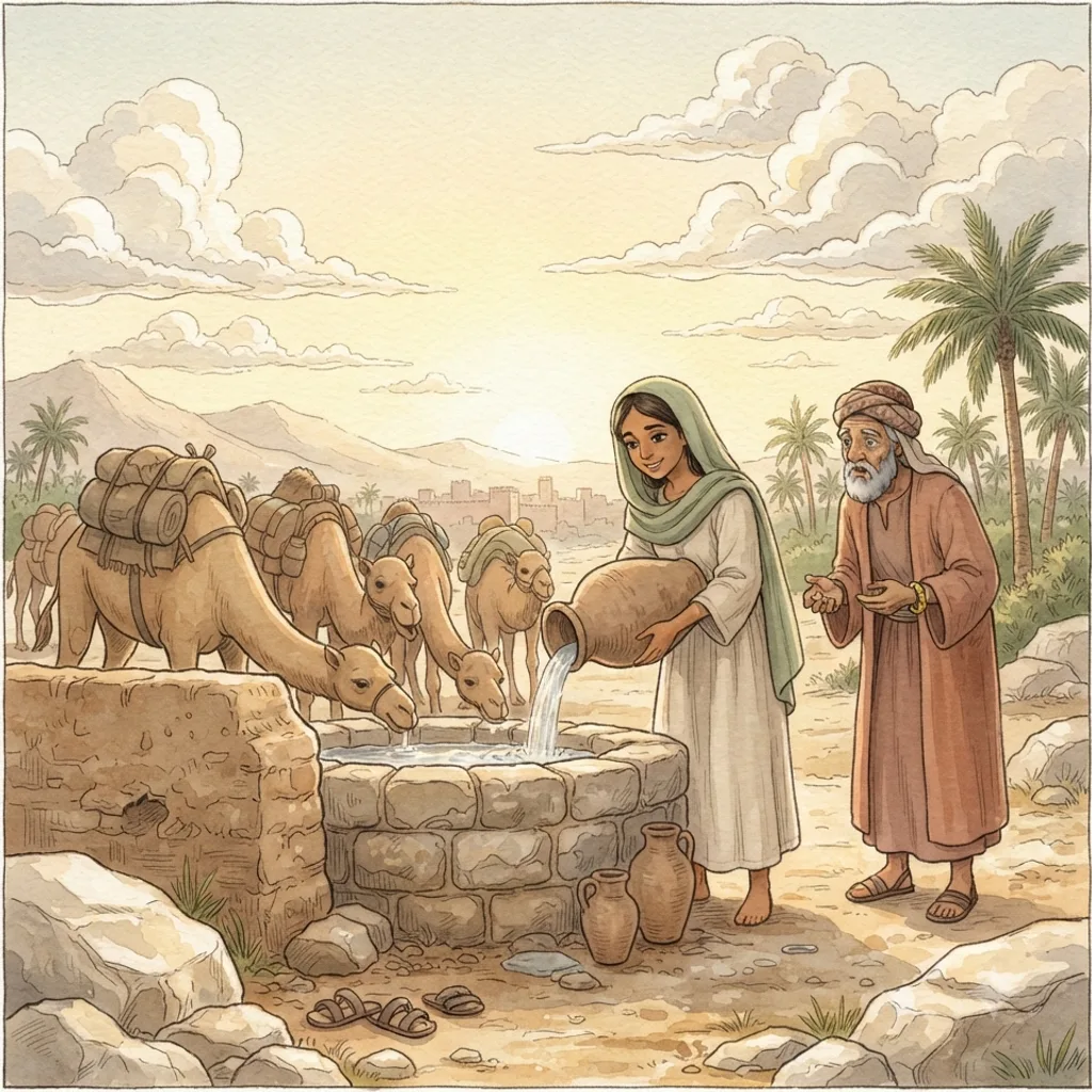Isaac and Rebekah: a painted scene illustrating Genesis 24.