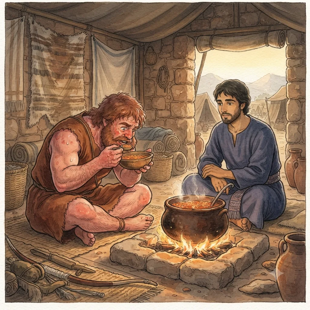 Jacob and Esau: a painted scene illustrating Genesis 25.