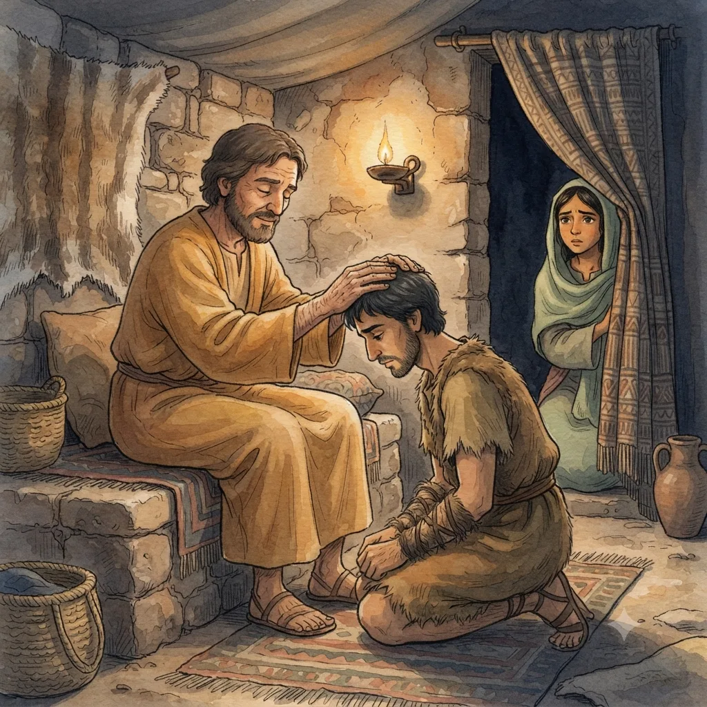 Jacob Receives the Blessing: a painted scene illustrating Genesis 27.