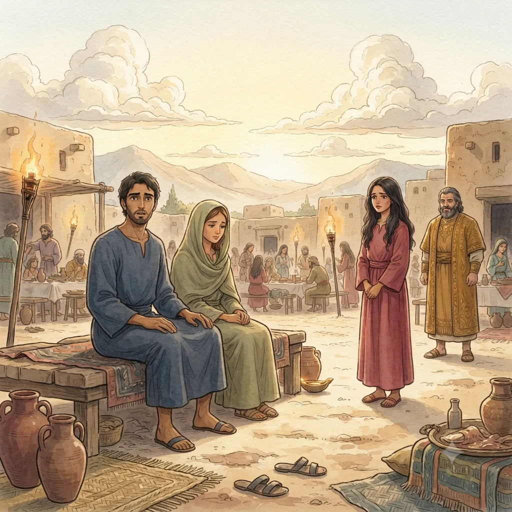 Jacob Marries Leah and Rachel: a painted scene illustrating Genesis 29.
