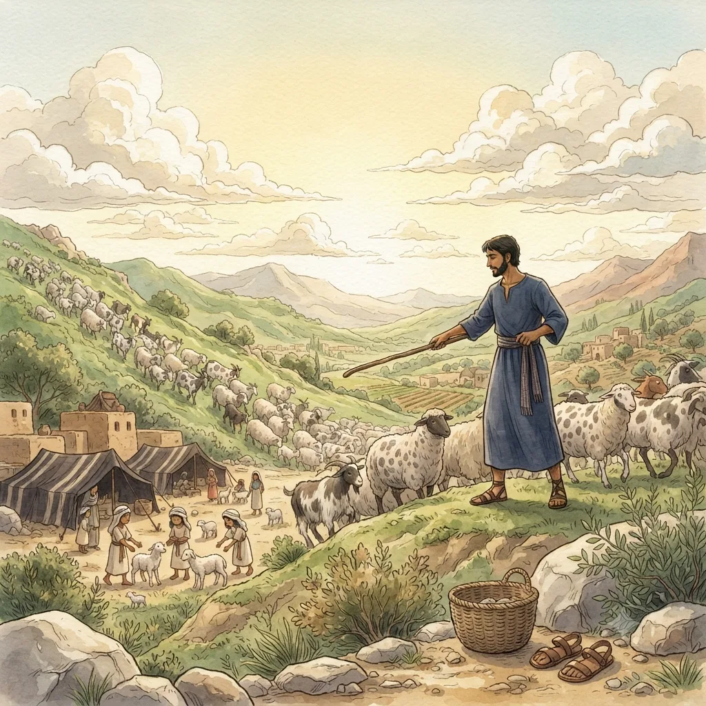 Jacob's Family Grows: a painted scene illustrating Genesis 30.