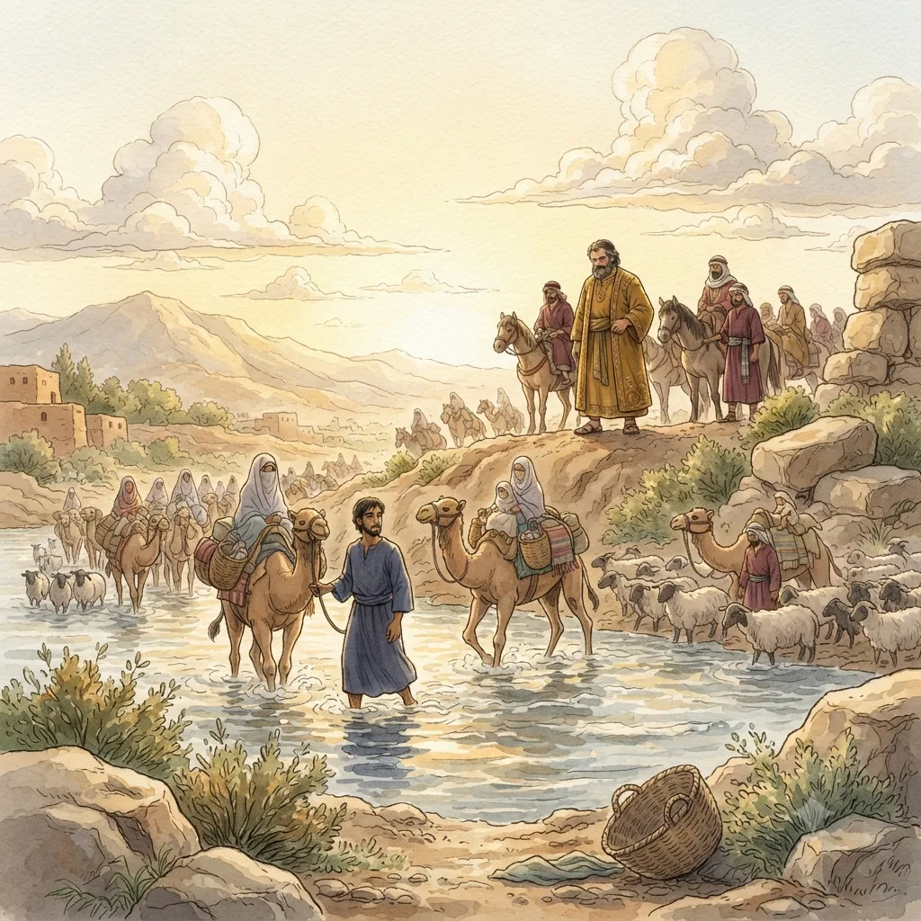 Jacob Leaves Laban: a painted scene illustrating Genesis 31.