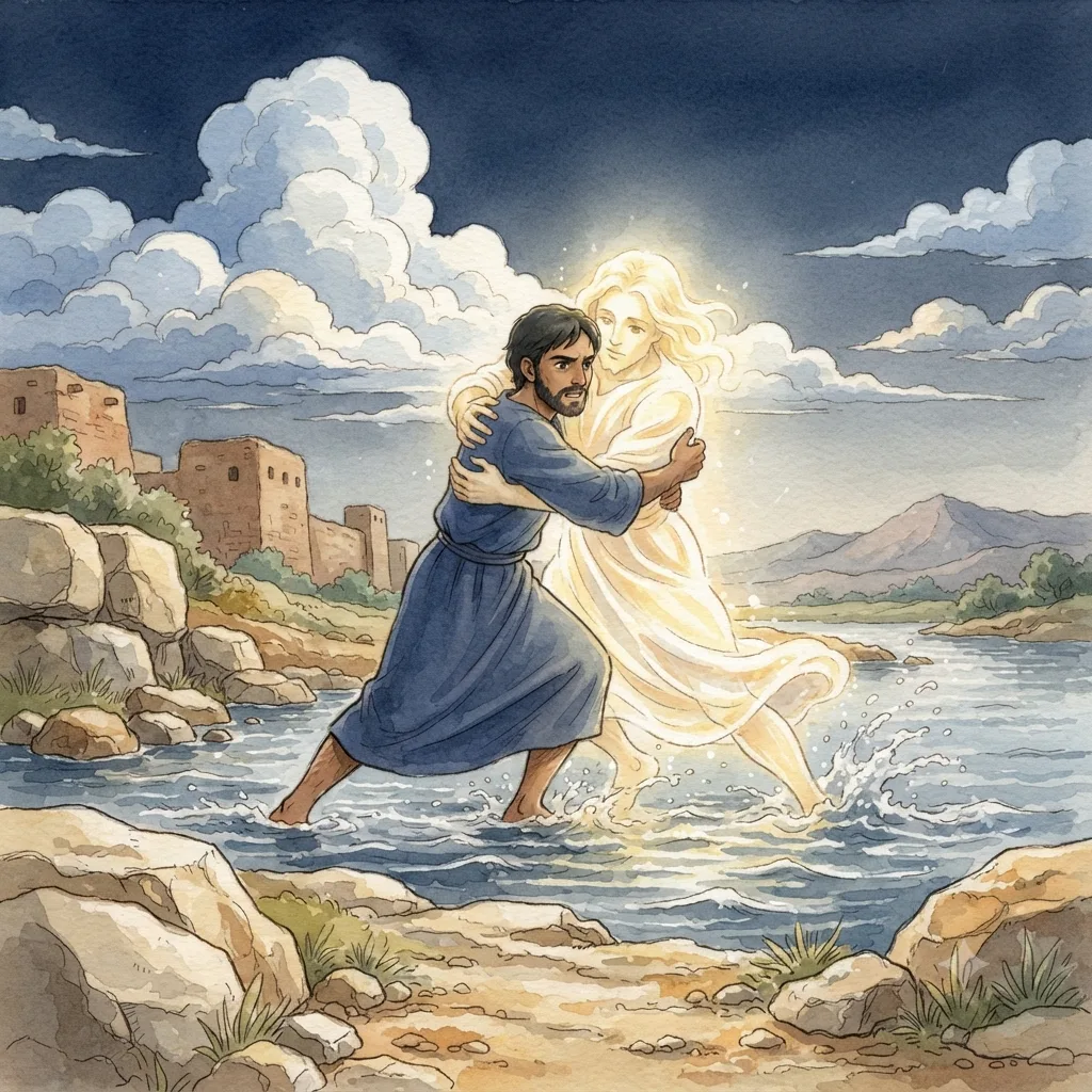 Jacob Wrestles with God: a painted scene illustrating Genesis 32.