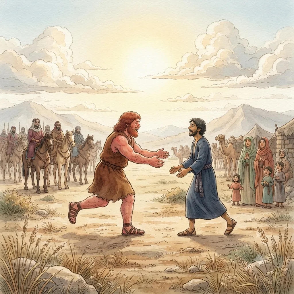 Jacob Reconciles with Esau: a painted scene illustrating Genesis 33.
