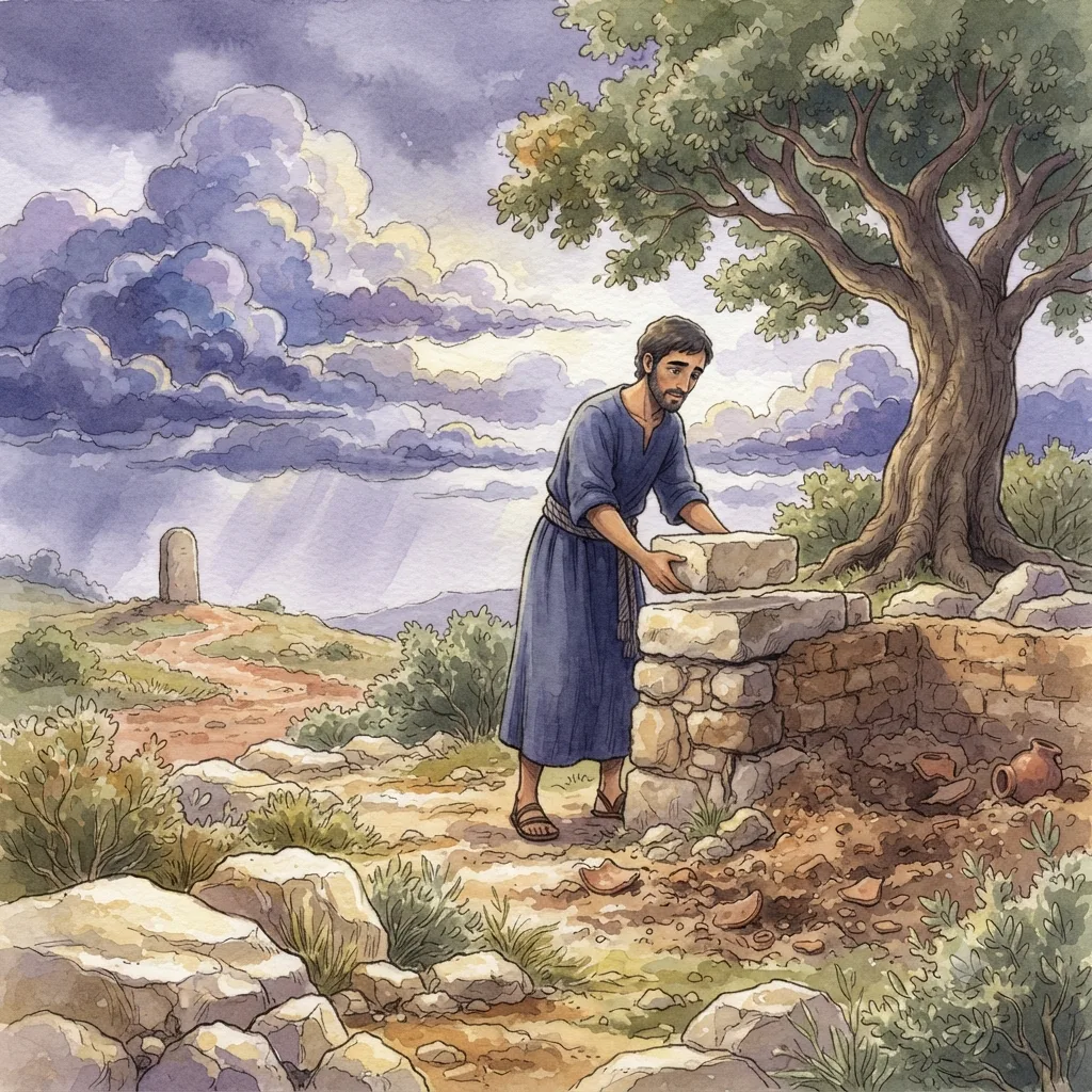 Jacob Returns to Bethel: a painted scene illustrating Genesis 35.