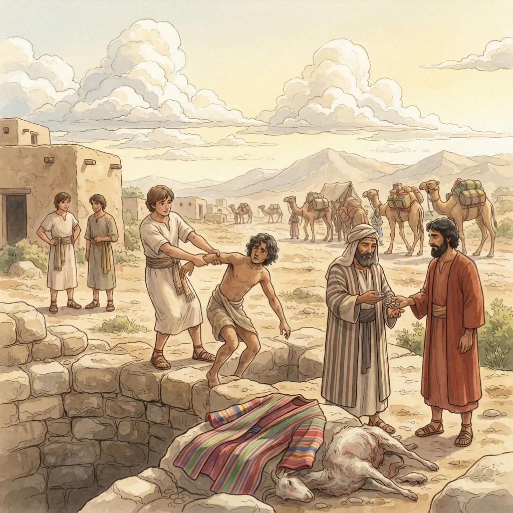 Joseph Sold into Slavery: a painted scene illustrating Genesis 37.