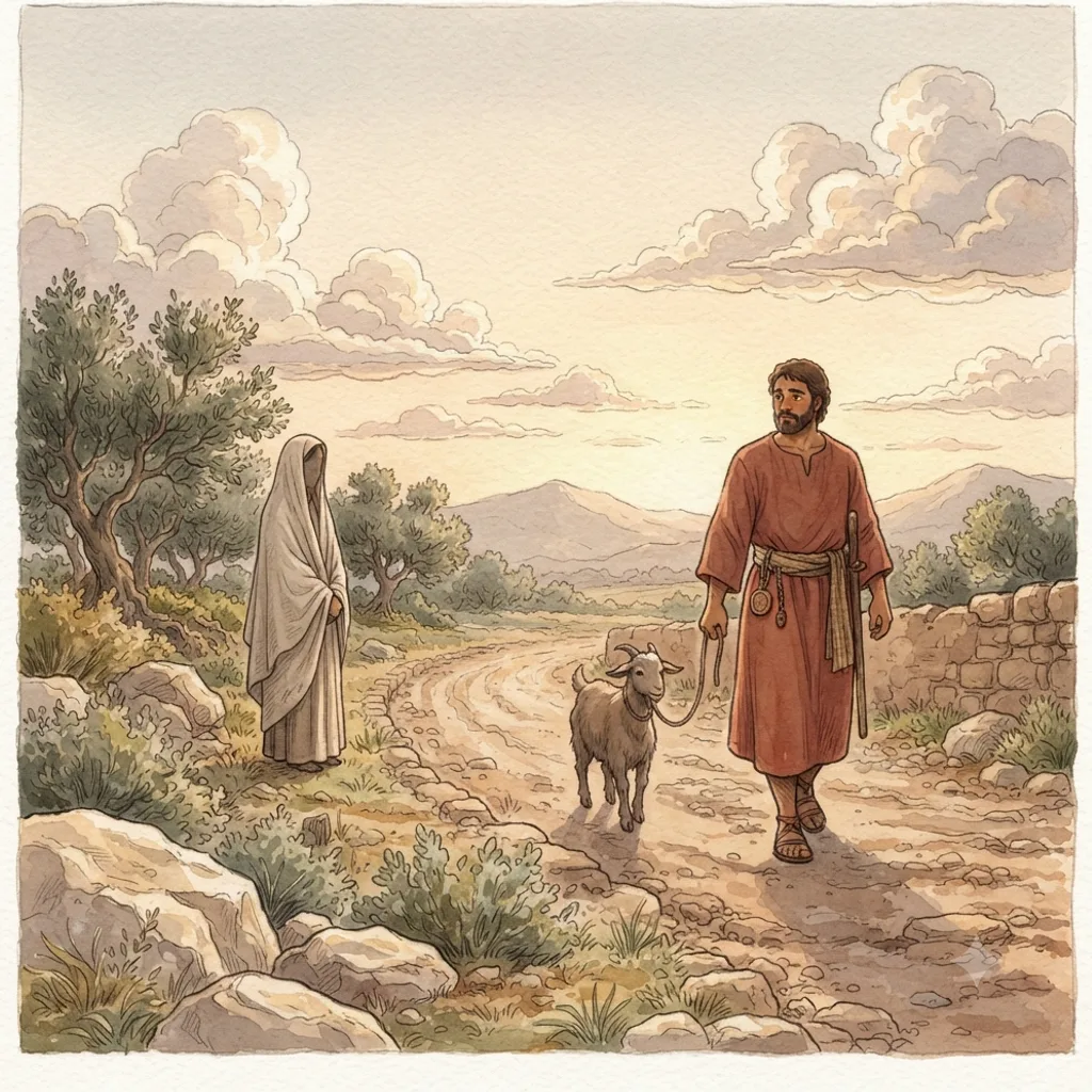 Judah and Tamar: a painted scene illustrating Genesis 38.