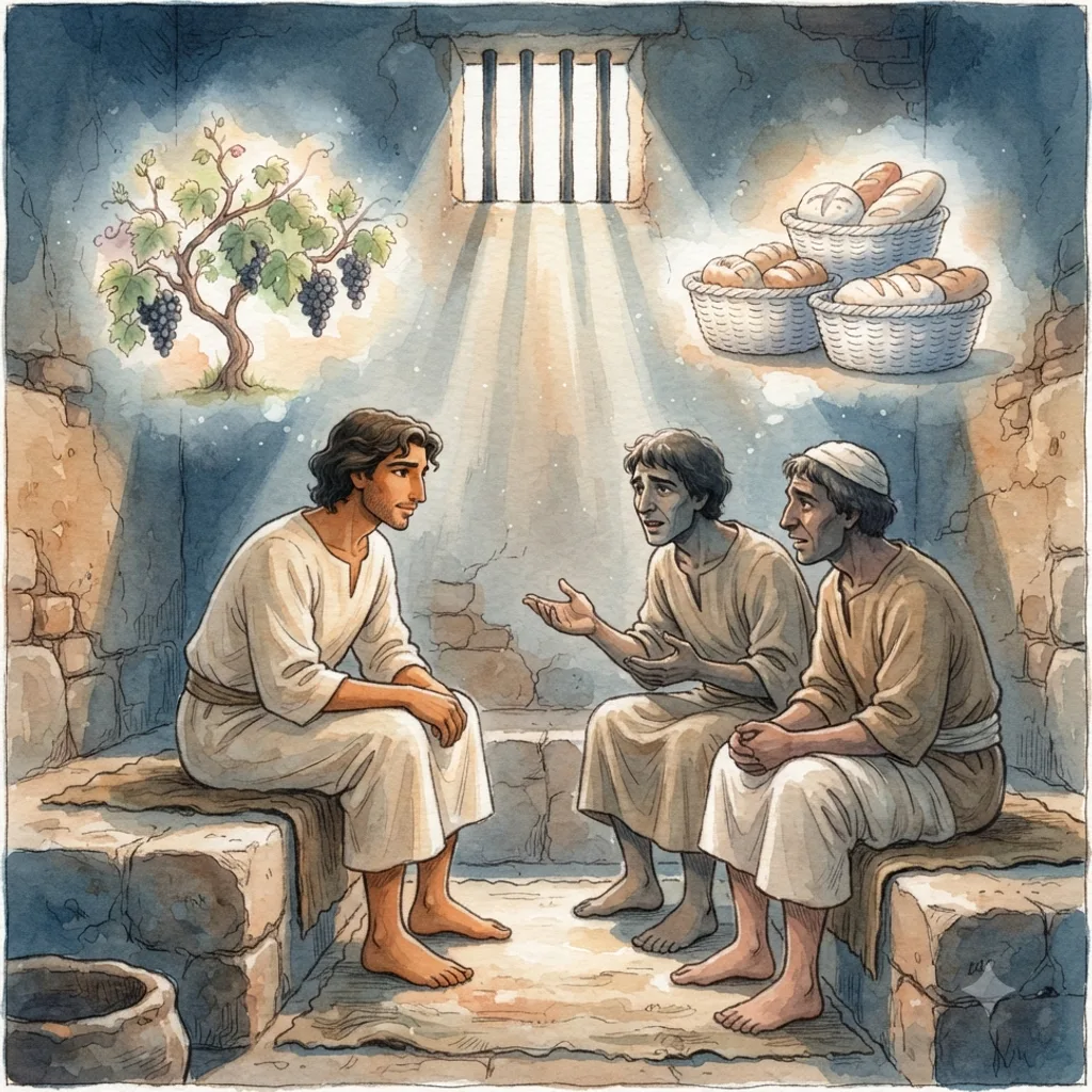 Joseph Interprets the Dreams: a painted scene illustrating Genesis 40.