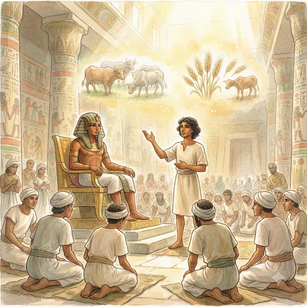 Joseph Rises to Power: a painted scene illustrating Genesis 41.