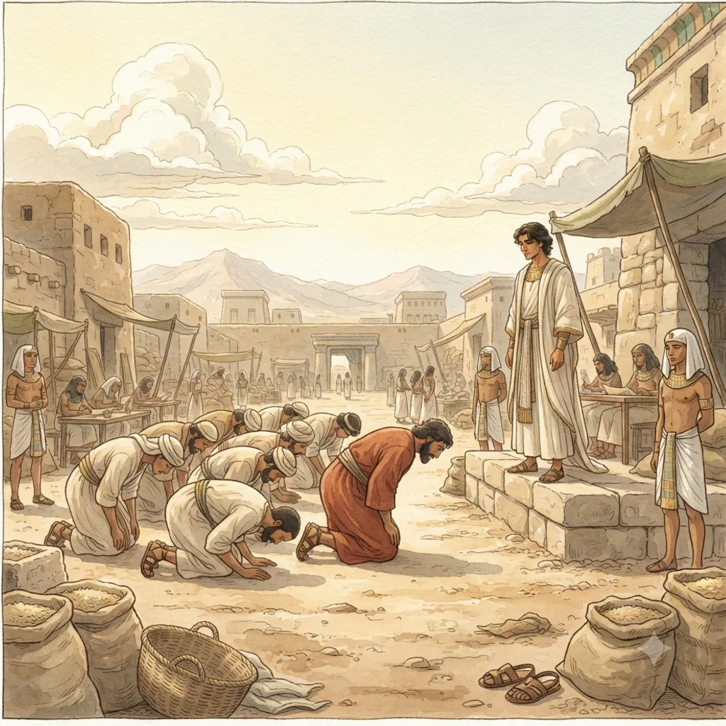 Joseph's Brothers Come to Egypt: a painted scene illustrating Genesis 42.