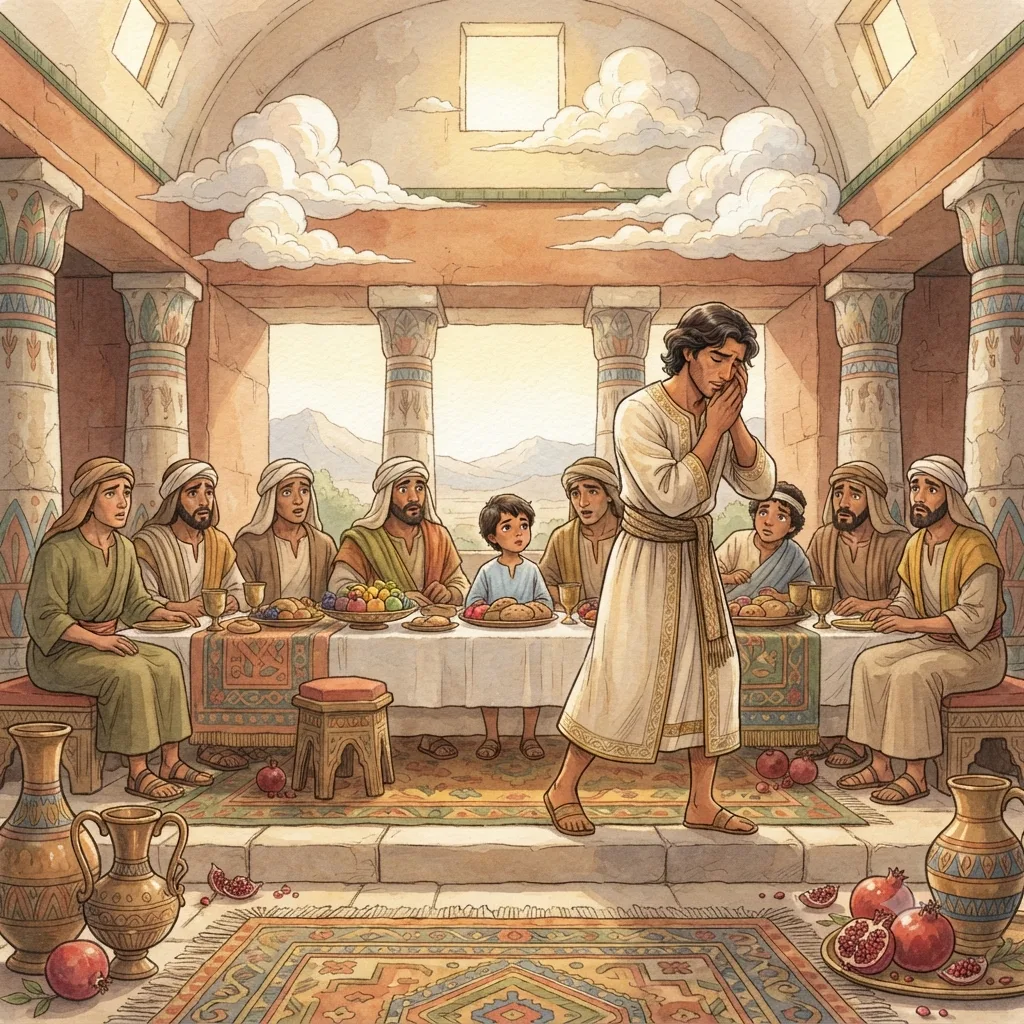 Benjamin Goes to Egypt: a painted scene illustrating Genesis 43.