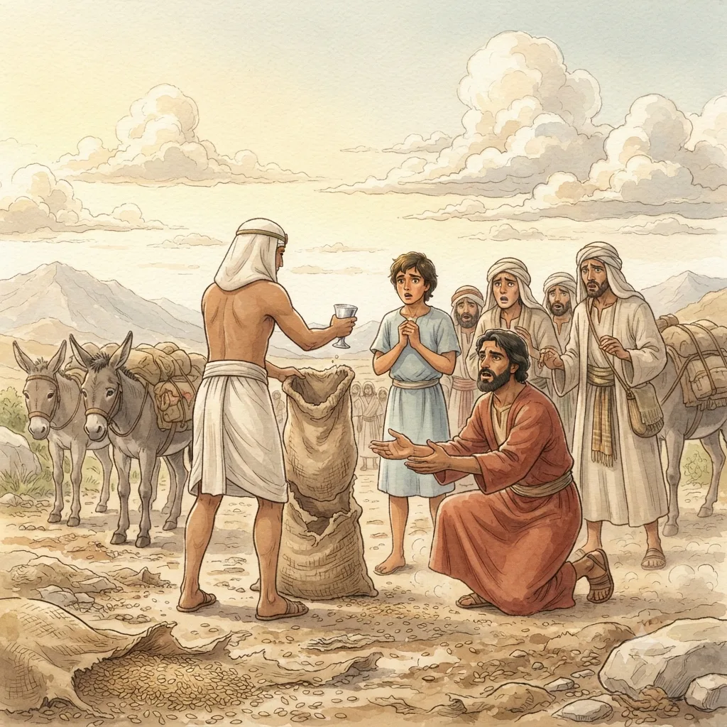 Joseph Tests His Brothers: a painted scene illustrating Genesis 44.