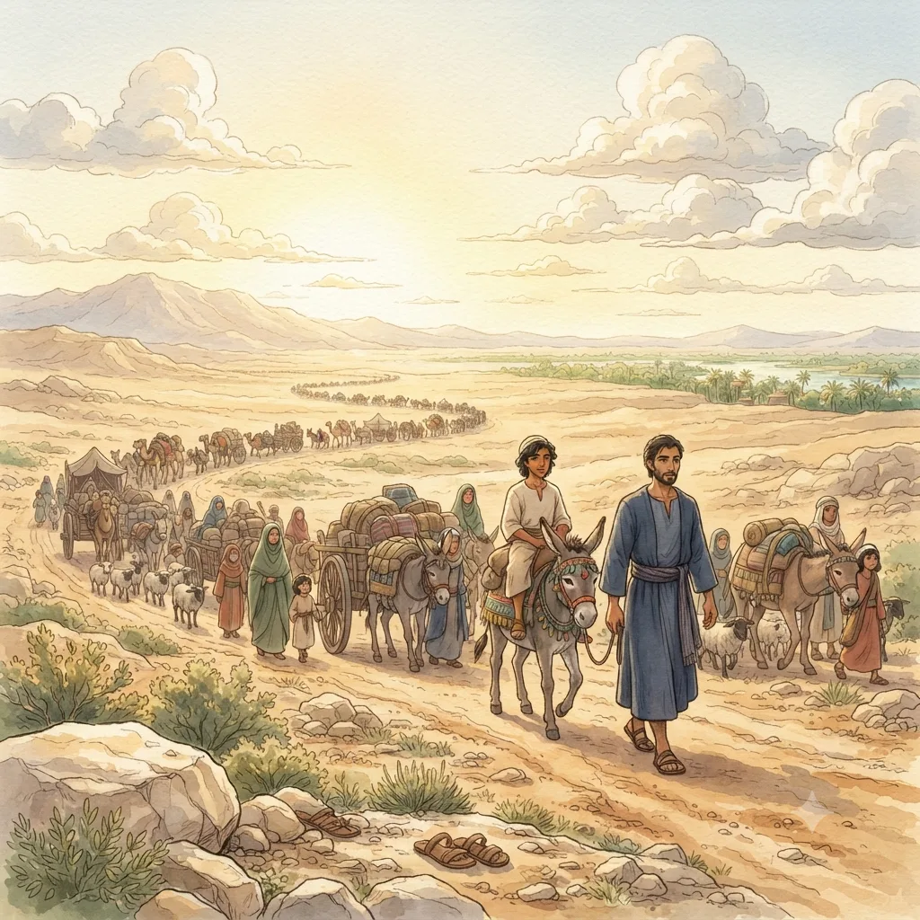 Jacob Goes Down to Egypt: a painted scene illustrating Genesis 46.