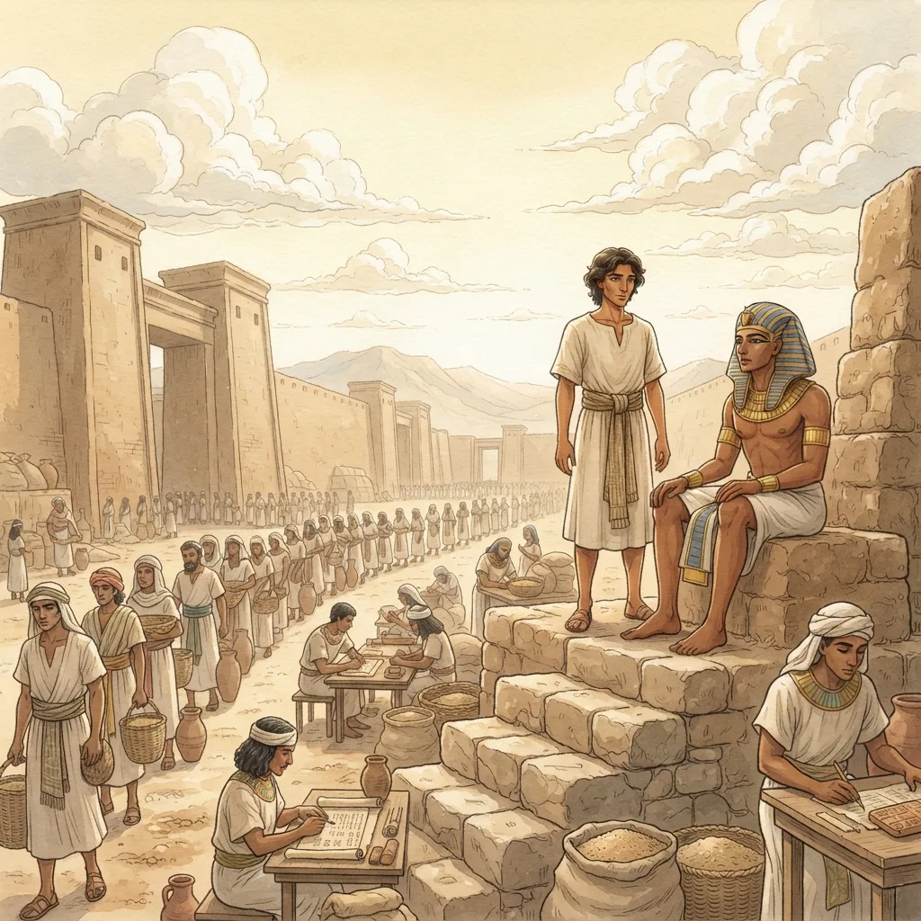 Joseph Saves Egypt from Famine: a painted scene illustrating Genesis 47.