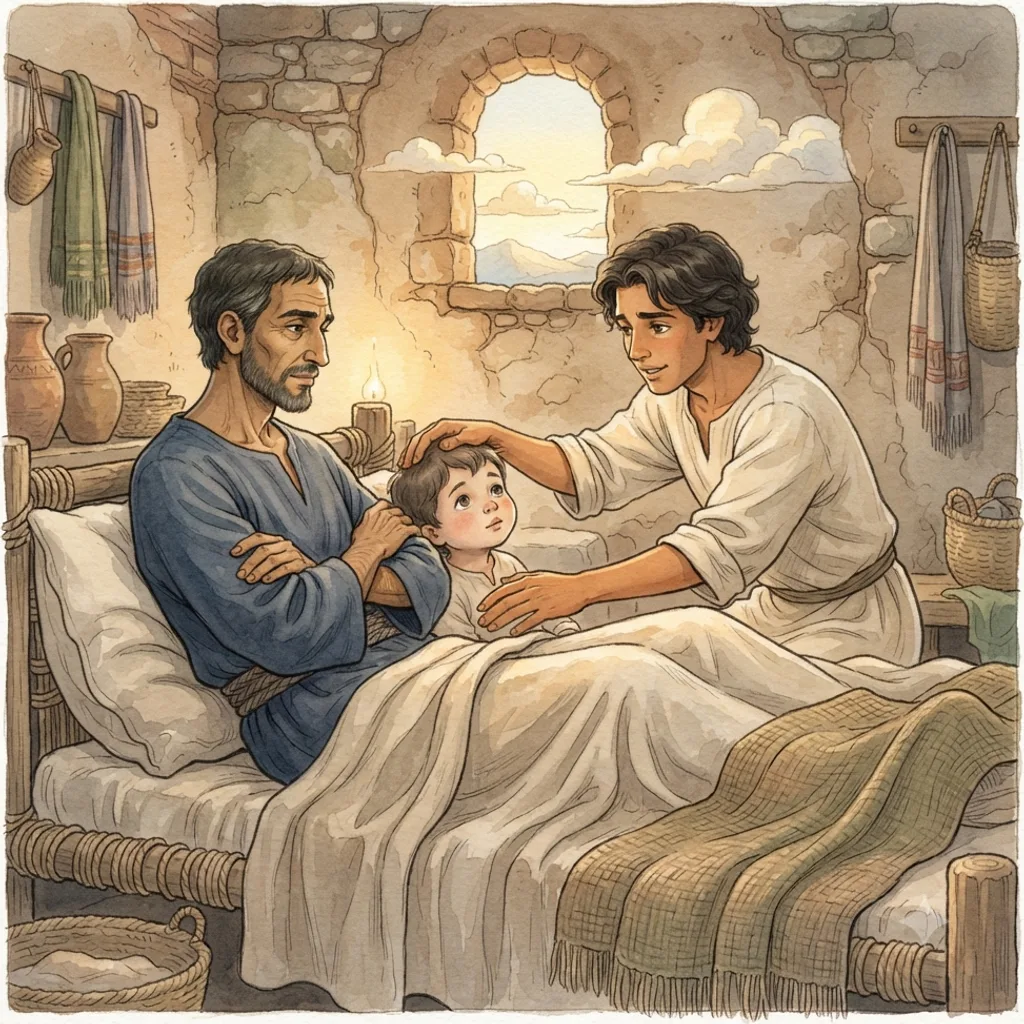 Jacob Blesses Ephraim and Manasseh: a painted scene illustrating Genesis 48.
