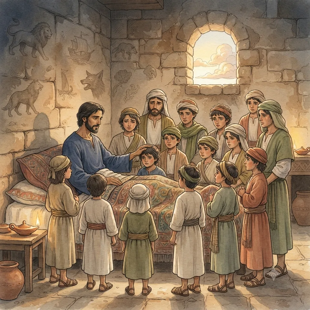 Jacob Blesses His Sons: a painted scene illustrating Genesis 49.