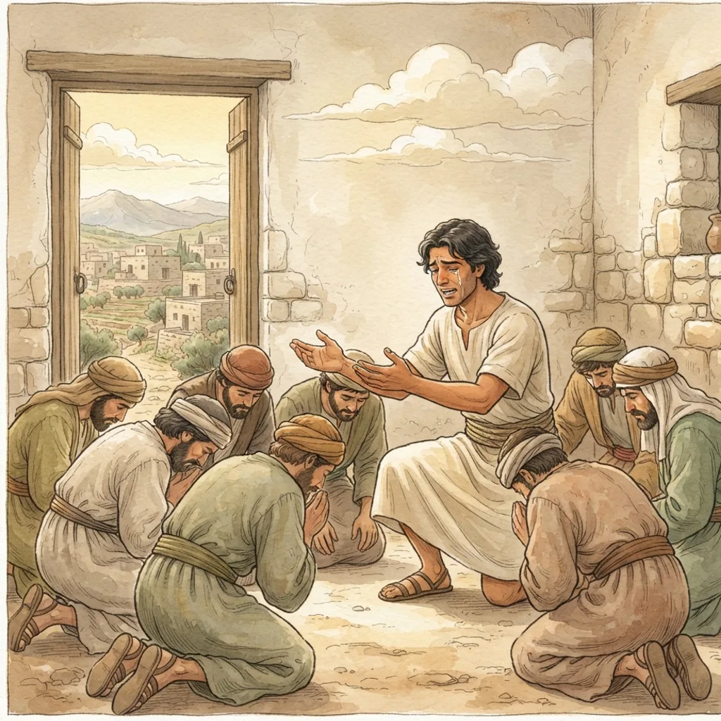 Joseph Forgives His Brothers: a painted scene illustrating Genesis 50.