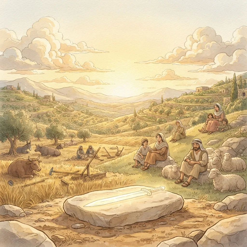 Enter God's Rest: a painted scene illustrating Hebrews 4.