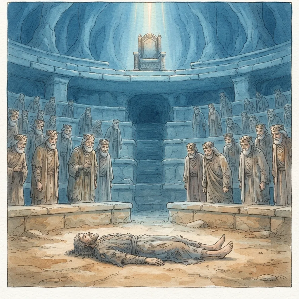 The Fall of the Proud King: a painted scene illustrating Isaiah 14.