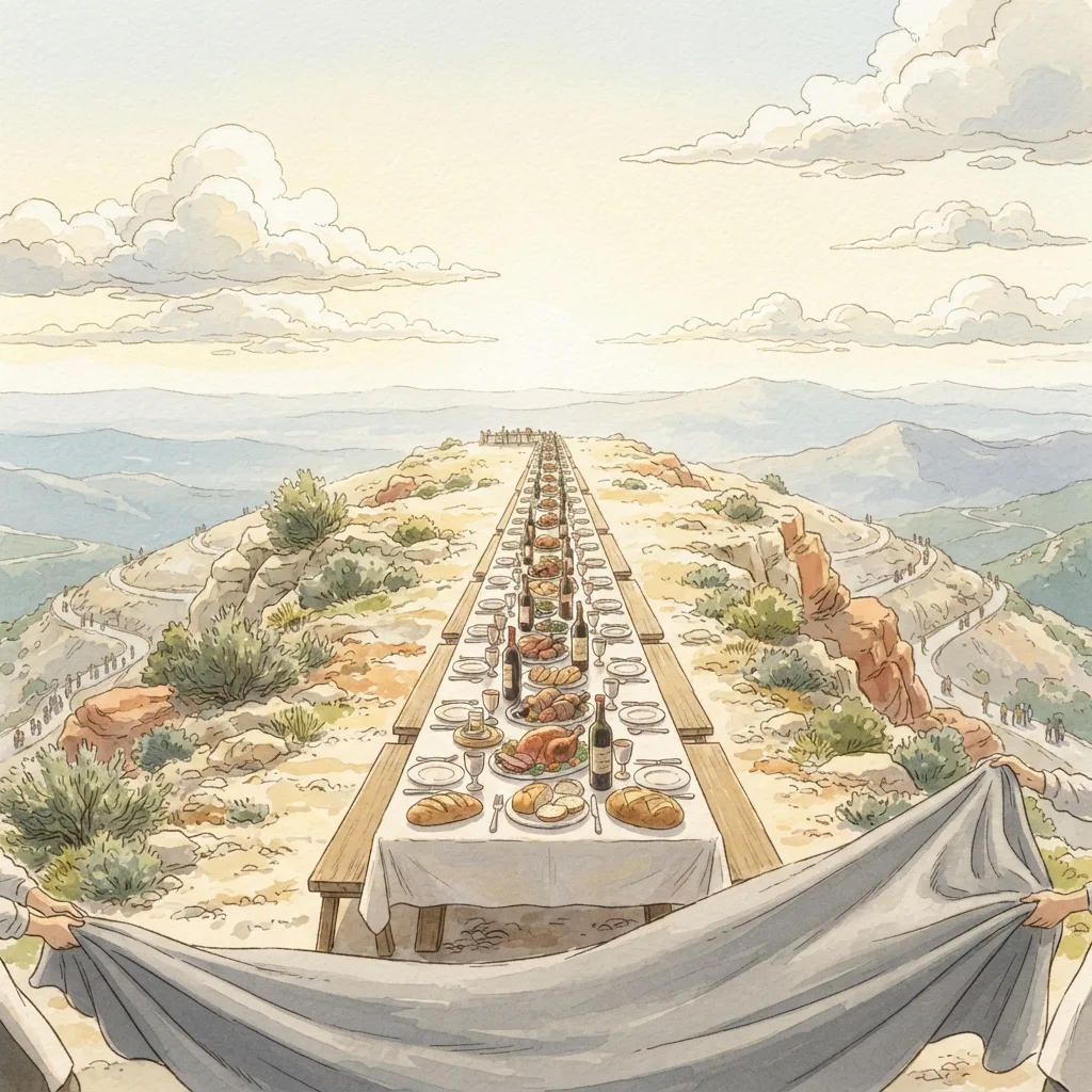 The Lord's Victory Feast: a painted scene illustrating Isaiah 25.