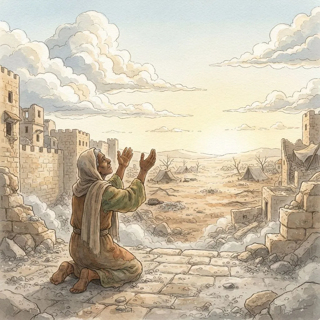 Jerusalem Humbled and Restored: a painted scene illustrating Isaiah 29.
