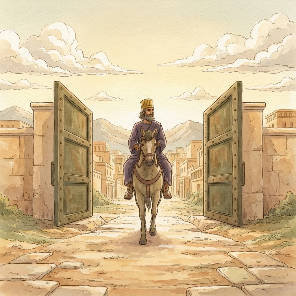 Cyrus, God's Anointed: a painted scene illustrating Isaiah 45.