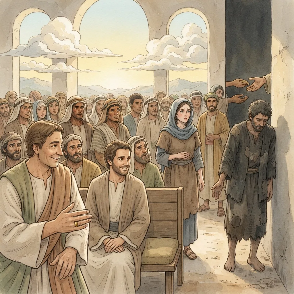 Faith Without Works Is Dead: a painted scene illustrating James 2.