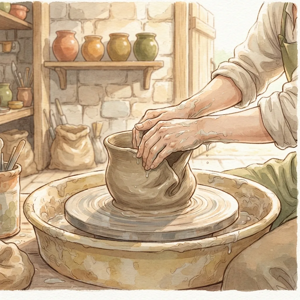 The Potter and the Clay: a painted scene illustrating Jeremiah 18.