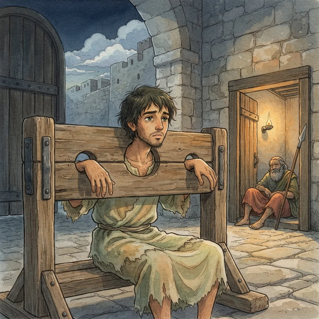 Jeremiah's Persecution: a painted scene illustrating Jeremiah 20.