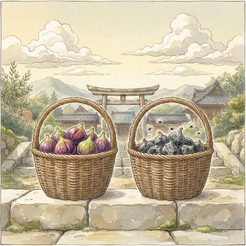 The Two Baskets of Figs: a painted scene illustrating Jeremiah 24.