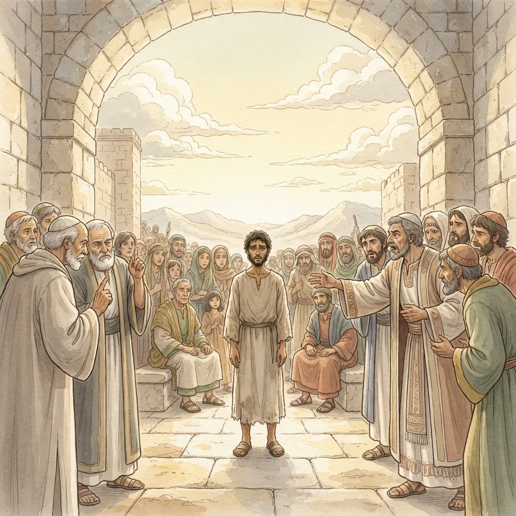 Jeremiah on Trial: a painted scene illustrating Jeremiah 26.