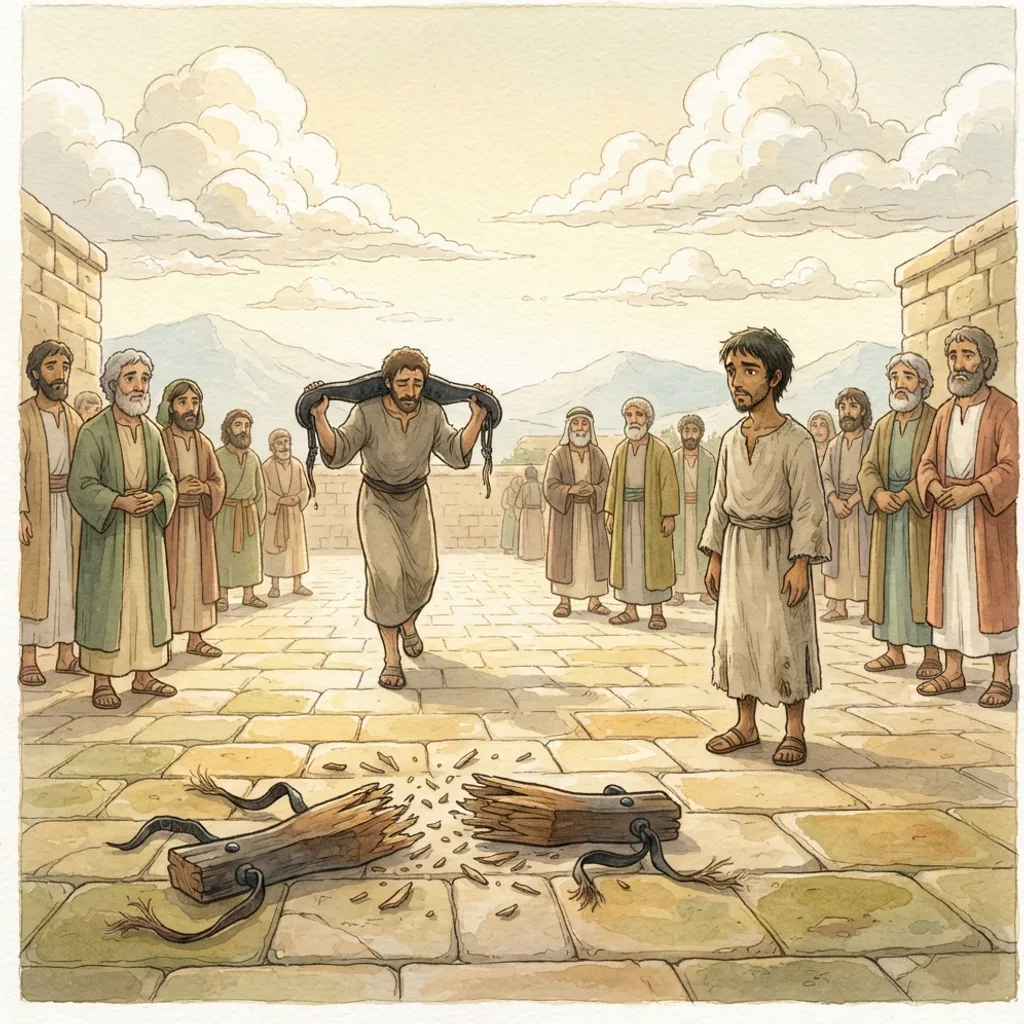 The False Prophet Hananiah: a painted scene illustrating Jeremiah 28.