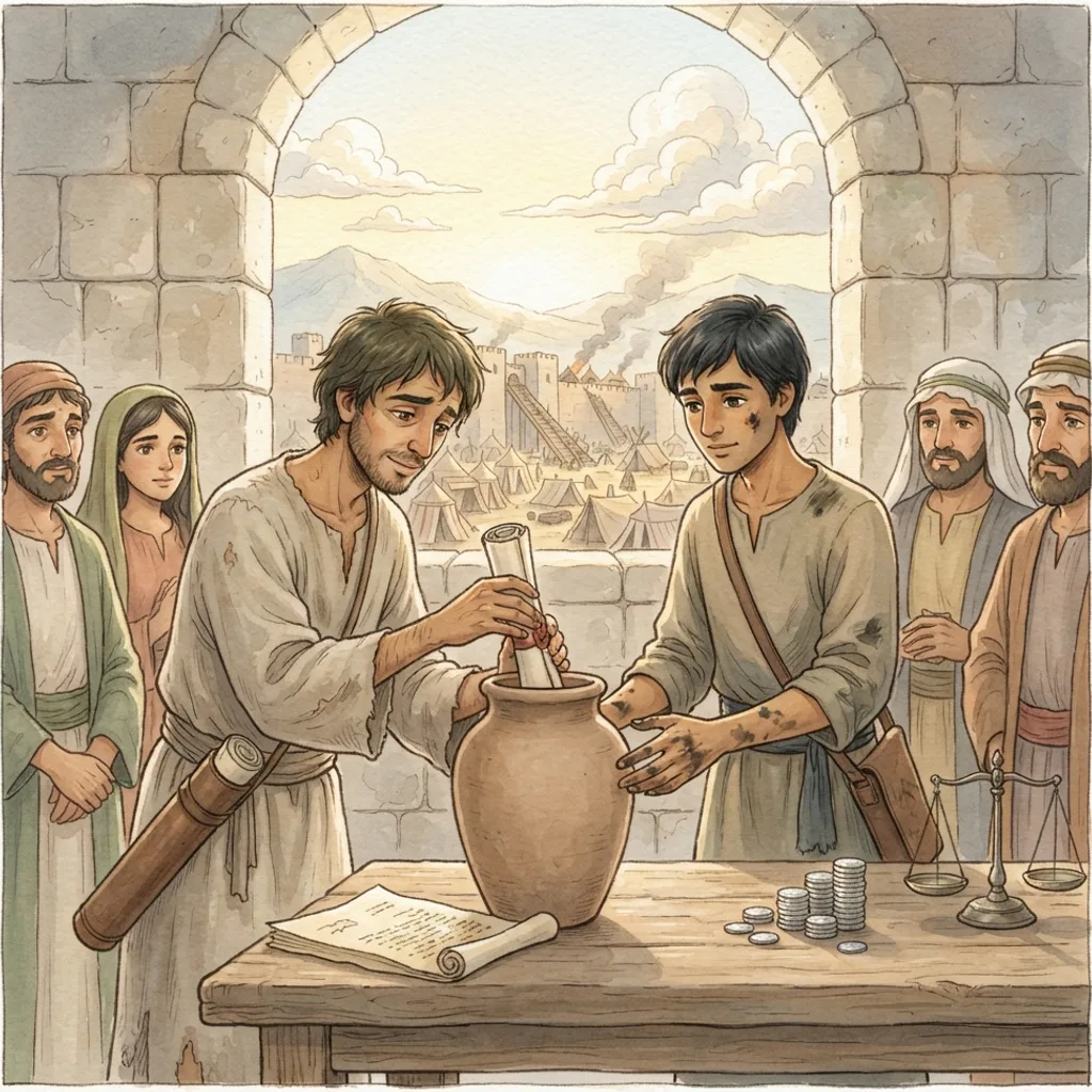 Jeremiah Buys a Field: a painted scene illustrating Jeremiah 32.