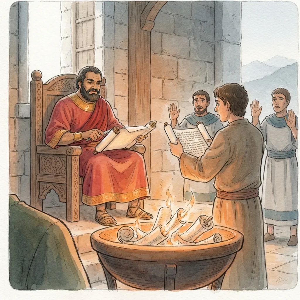The King Burns God's Word: a painted scene illustrating Jeremiah 36.