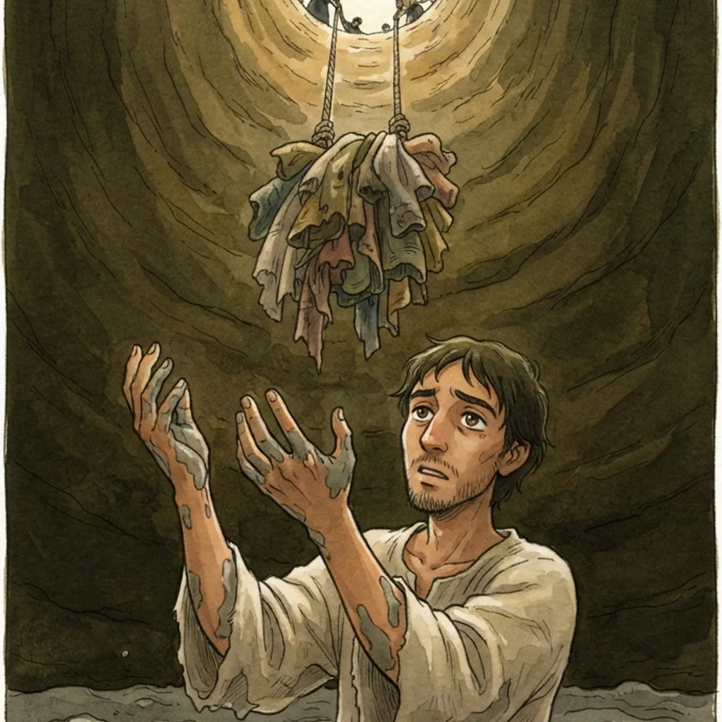 Jeremiah in the Cistern: a painted scene illustrating Jeremiah 38.
