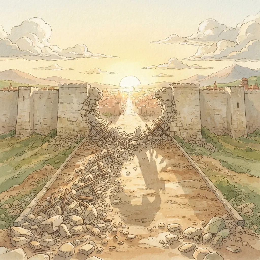 Jerusalem Falls: a painted scene illustrating Jeremiah 39.