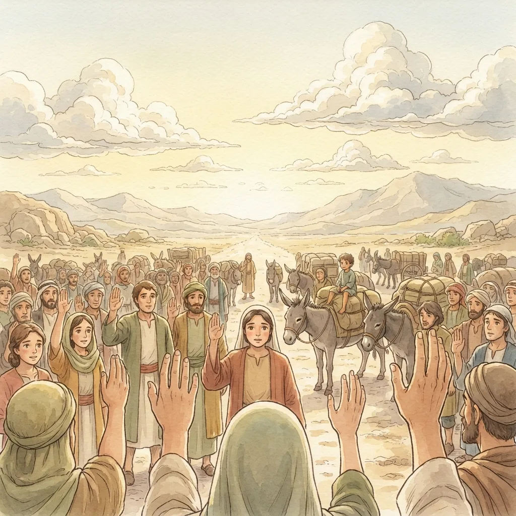 The People Reject God's Word: a painted scene illustrating Jeremiah 42.