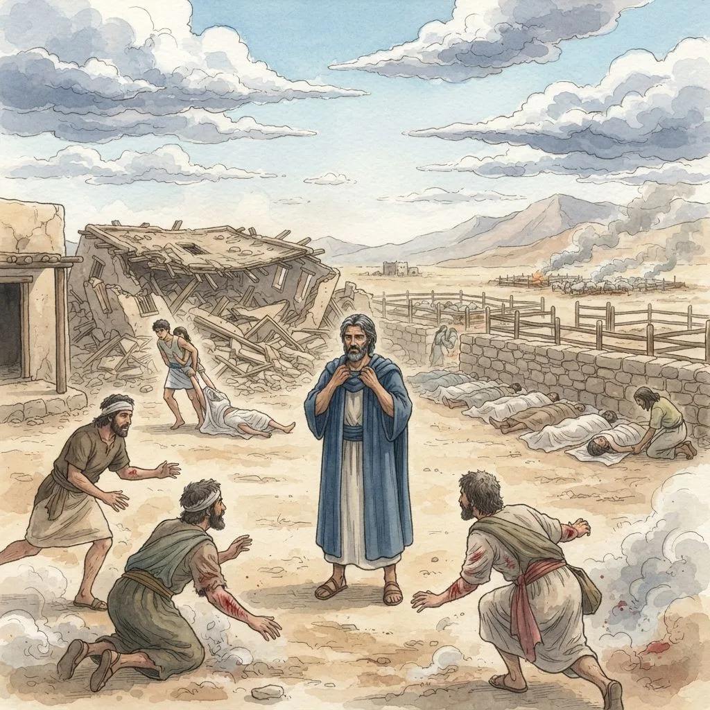 Job's Great Loss: a painted scene illustrating Job 1.
