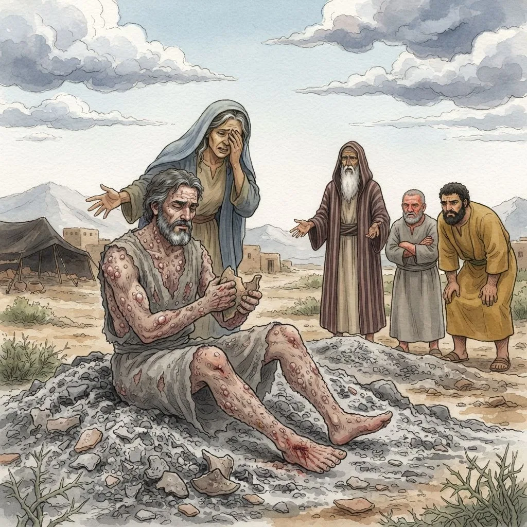 Job's Affliction: a painted scene illustrating Job 2.