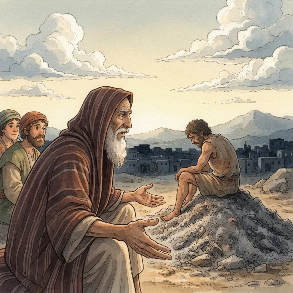 Eliphaz Calls Job to Repentance: a painted scene illustrating Job 5.