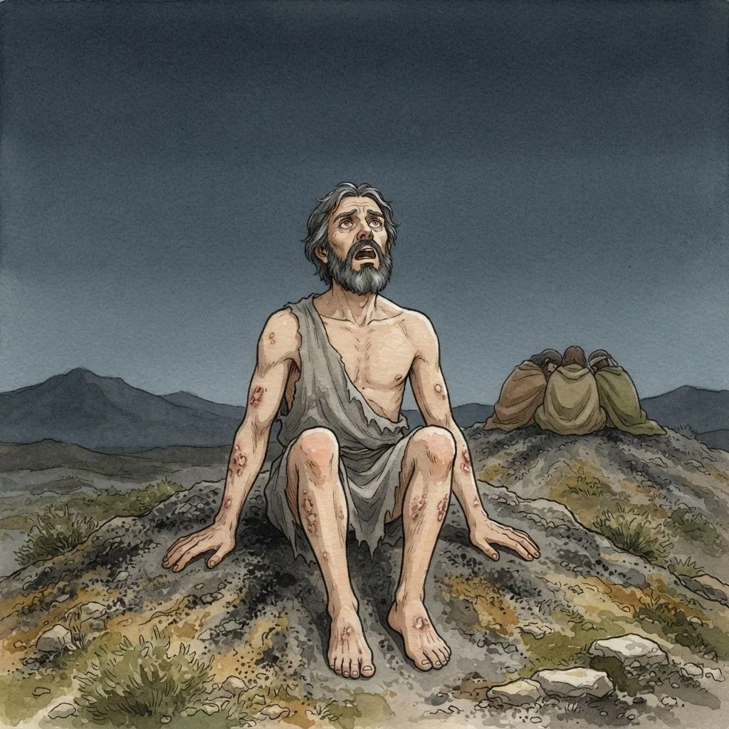 Job Questions God: a painted scene illustrating Job 7.